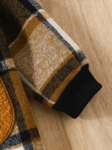 SHEIN 小女孩秋季休閒格紋拼接連帽外套 - 卡其色 - 查看 5
