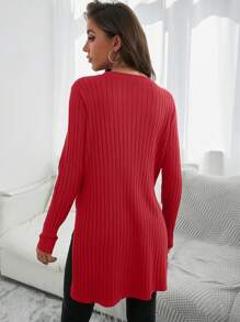 SHEIN Cottnline High Low Split Hem Sweater - Red - View 2