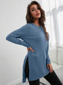 SHEIN Cottnline Slit Hem High-low Sweater - Dusty Blue - View 4