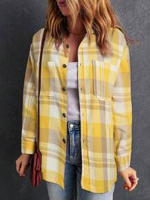 Women Long Sleeve Plaid Button Down Blouse Top - Yellow - View 4