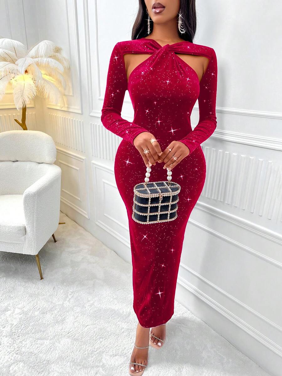 Long Velvet Hollow Out Dress - Red - View 1