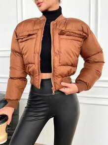 RueChic Women's Short Zip-up Baseball Collar Padded Jacket - Brown - View 5
