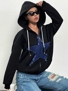 SHEIN EZwear Khối màu Ngôi sao Đã vá Thả vai Áo Zip Up Hoodie - màu đen - Xem 5