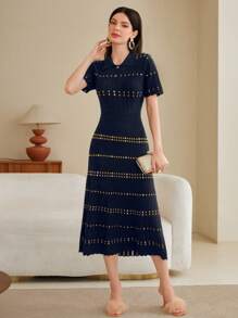 Modelyn Geo Pattern Polo Neck Sweater Dress - Royal Blue - View 6