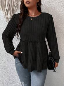 Flirla 大碼雜色針織荷葉邊下擺T恤 - 黑色 - 查看 5