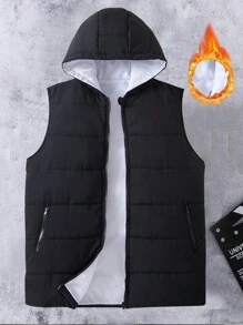 男士1入組拉鏈開襟連帽羽絨背心大衣 - 黑色 - 查看 1