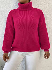 Calvaya Kích thước lớn Của phụ nữ Cổ cao Thả vai Áo len - Màu Hồng Tươi - Xem 6