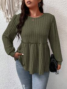 SHEIN Franclia 大碼素色荷葉邊下擺T恤 - 軍綠色 - 查看 6