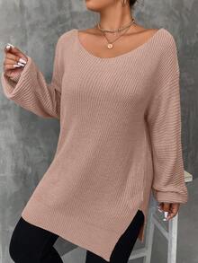 SHEIN LUNE Plus Size Loose Fit Drop Shoulder Sweater - Pink - View 3