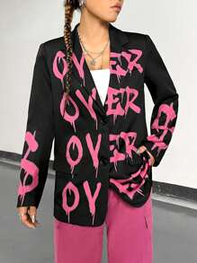 SHEIN Unity Áo khoác Blazer nữ in họa tiết đơn hàng khuy - màu đen - Xem 3