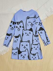 SHEIN Girls' Cat Printed Mid-length Dress - Blue - View 2