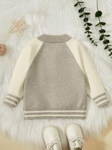 Trẻ sơ sinh Con trai Áo len Mở Với Lá thư Mô hình Raglan - Màu Xám nhạt - Xem 2