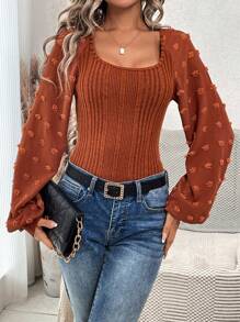 SHEIN VCAY 女性的方領燈籠袖肋織針織t恤 - 亮橙色 - 查看 1