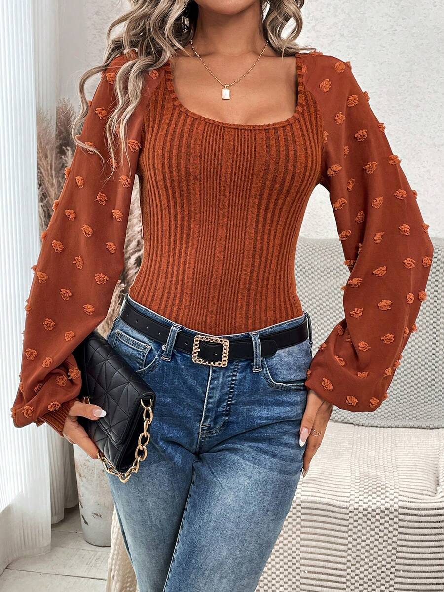 SHEIN VCAY 女性的方領燈籠袖肋織針織t恤 - 亮橙色 - 查看 1