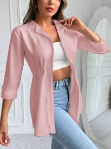 SHEIN Cottnline Drawstring Waist Rolled Up Sleeve Jacket - Dusty Pink - View 3
