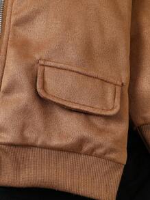 SHEIN Playful Pals 婴儿/男童时尚绒面革夹克和休闲工装裤套装，适合户外、秋冬季 - 卡其色 - 查看 5