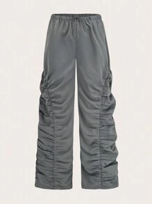 SHEIN Unity Drawstring Waist Pleated Long Pants - Grey - View 1