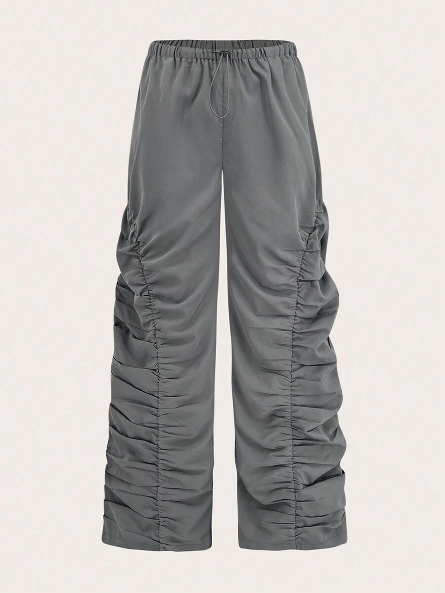 SHEIN Unity Drawstring Waist Pleated Long Pants - Grey - View 1