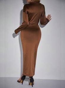 Zolique Women's Solid Color Side Tie Wrap Dress - Brown - View 2