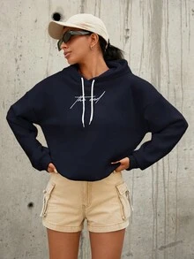 RueChic Đồ họa Chữ cái Thả vai Dây rút Hoodie - màu đen - Xem 4