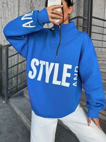 Cottnline Letter Graphic Half Zip Drop Shoulder Sweatshirt - Blue - View 4