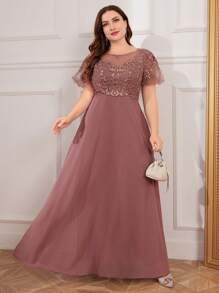 UNITHORSE Plus Size Women Heavy Embroidery Chiffon Formal Dress, Bridesmaid Dress - 淺灰紫 - 查看 4