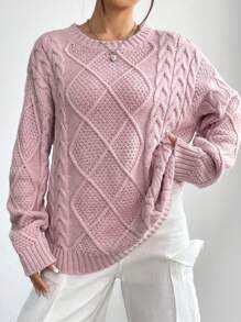 SHEIN Qutie Cable Knit Drop Shoulder Sweater - Pink - View 3