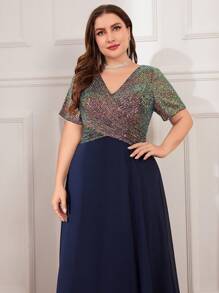 UNITHORSE Plus Size Women Sequin Colorblock V-Neck Party Dress - Navy Blue - View 5