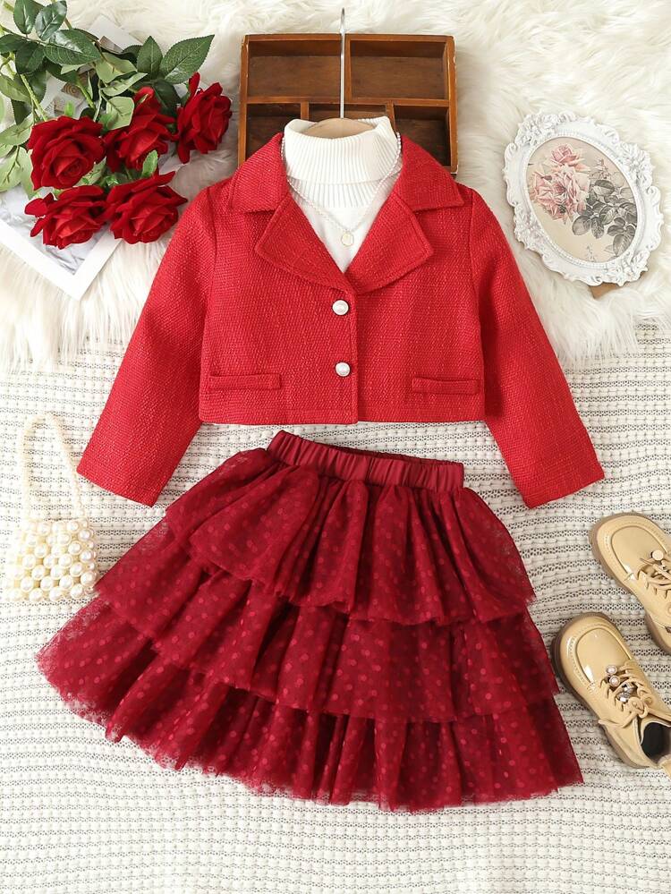 Toddler Girls' Red Short Coat With Three Layers Of Mesh Cake Skirt Outfit