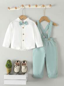 嬰兒男寶寶紳士禮服襯衫+可調節背帶褲裝套裝 - 彩色 - 查看 3