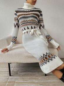 SHEIN Frenchy 女士千鳥格高領腰帶毛衣裙 - 白色 - 查看 1