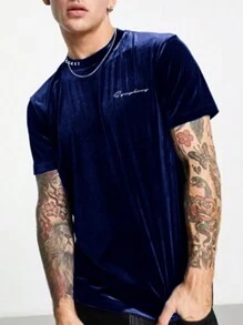 Manfinity Homme Áo thun nhung tay ngắn thời trang cỡ lớn cho nam (In ngẫu nhiên), dùng khi đi chơi - Màu xanh lam - Xem 3