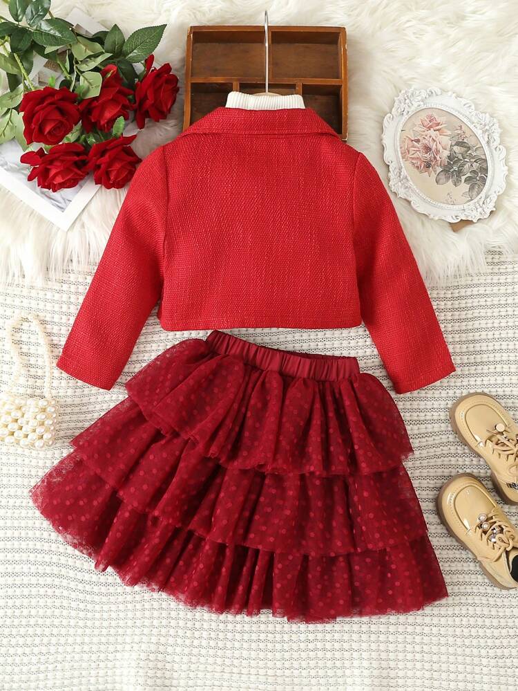 Toddler Girls' Red Short Coat With Three Layers Of Mesh Cake Skirt Outfit