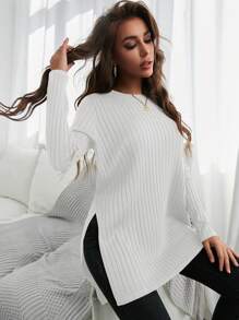 RueChic High Low Split Hem Sweater - White - View 5