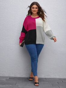 SHEIN LUNE Plus Size Colorblock Drop Shoulder Knit Sweater - Hot Pink - View 3