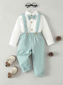 嬰兒男寶寶紳士禮服襯衫+可調節背帶褲裝套裝 - 彩色 - 查看 1