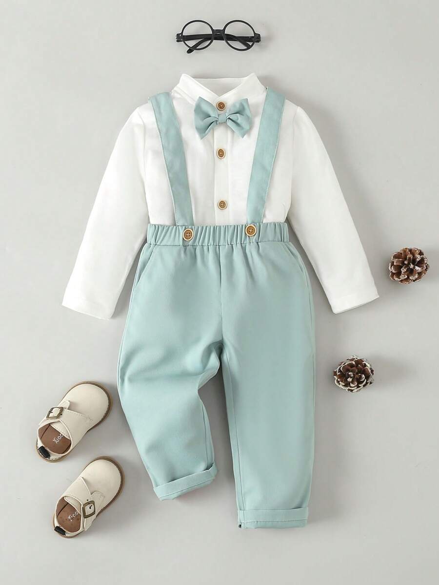 嬰兒男寶寶紳士禮服襯衫+可調節背帶褲裝套裝 - 彩色 - 查看 1