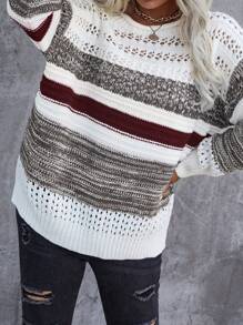 EURMUSE Dropped Shoulder Striped Sweater - Maroon - View 5