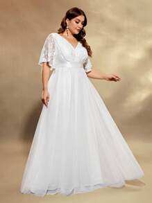 UNITHORSE Plus Size Women Elegant Romantic Lace Placement Floral Sheer Short Sleeve Stand Collar Embroidered White Wedding Dress, All White Party Outfit Women, For Valentine's Day - White - View 6