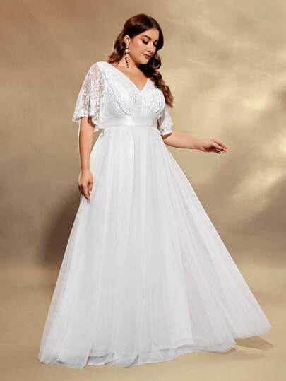 UNITHORSE Plus Size Women's Elegant Romantic Lace Inlaid Floral Sheer Short Sleeve Stand Collar Embroidered White Wedding Dress, All-White Party Outfit