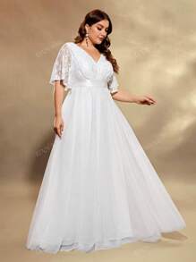 UNITHORSE Plus Size Women Elegant Romantic Lace Placement Floral Sheer Short Sleeve Stand Collar Embroidered White Wedding Dress, All White Party Outfit Women