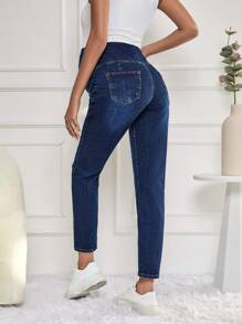 SHEIN Cottnline بنطلون جينز مدبب قابل للتعديل شريط خصر واسع للأمومة - أزرق داكن - مشاهدة 2