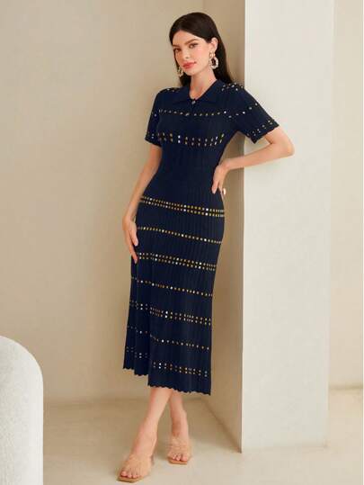 Modelyn Geo Pattern Polo Neck Sweater Dress