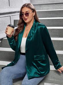 SHEIN Clasi Women's Plus Size Velvet Blazer With Flap Pockets - Green - View 2