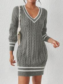 SHEIN Essnce Quý cô Phong cách đại học Sọc Đầm Áo len - Xám - Xem 3