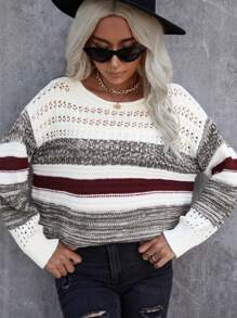 EURMUSE Dropped Shoulder Striped Sweater - Maroon - View 3