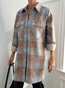 EURMUSE Plaid Double-pocket Turn-down Collar Woolen Coat - Blue - View 3