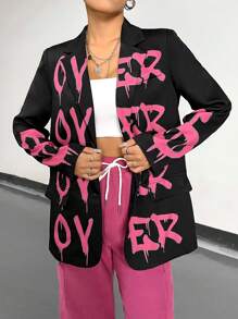 SHEIN Unity Áo khoác Blazer nữ in họa tiết đơn hàng khuy - màu đen - Xem 4