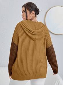 Flirla Plus Size Colorblock Drawstring Hoodie Sweater Knit Pullover Fall Winter Sweater - Yellow - View 2