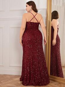 UNITHORSE Plus Size Glitter Sequin Bodycon Dress With Front Slit - Burgundy - View 2